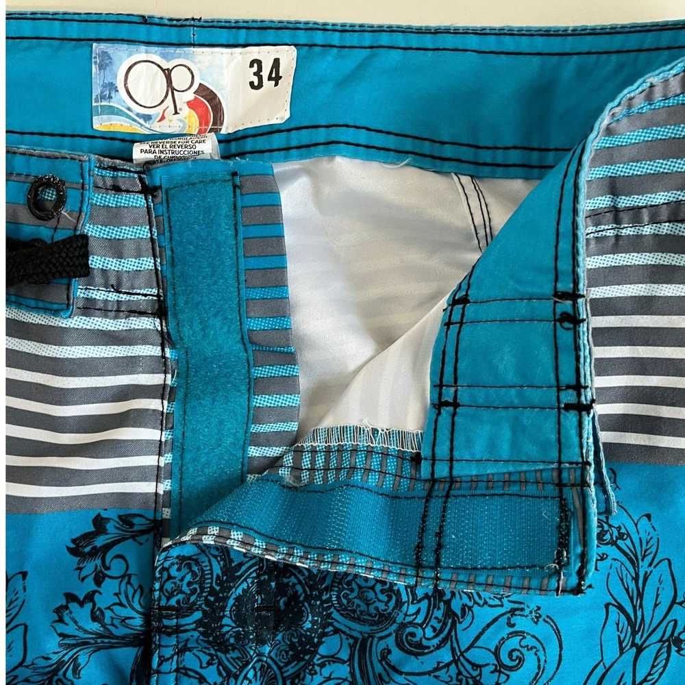 Y2K OP Ocean Pacific Mens Blue Striped Floral Filigree Board Shorts Size 34 - Picture 4 of 6